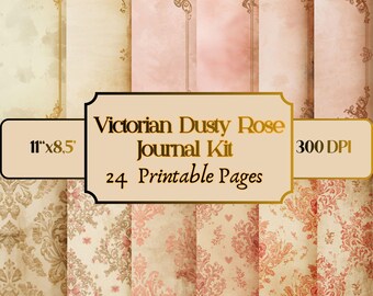 Victorian Dusty Rose Printable Papers, Damask / Brocade + Blank Journal Pages, Shabby Chic, US Letter 300 DPI