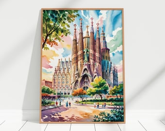 Sagrada Familia Basilica in Barcelona Watercolor Art Print – Sagrada Familia Wall Art Decor, Barcelona Cityscape Watercolour Art Poster