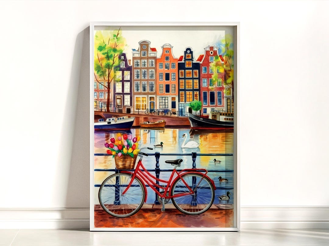 Amsterdam Canal and Bicycle With Tulips Watercolor Art Print ...