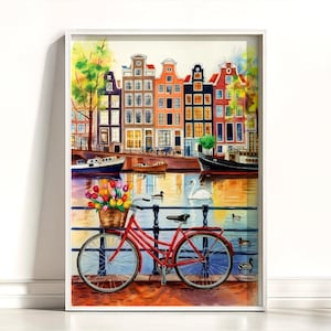 Amsterdam Canal and Bicycle with Tulips Watercolor Art Print – Amsterdam Canal Wall Decor, Amsterdam Houses Wall Art, Amsterdam Poster Print