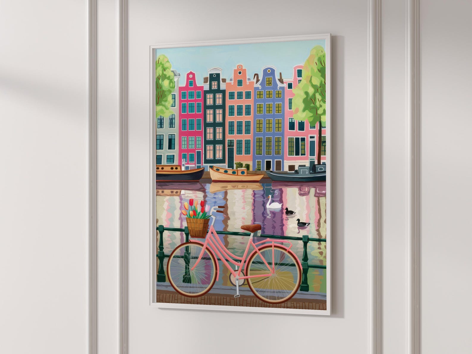 Amsterdam Canal Houses and Bicycle With Tulips Painting Art Print ...