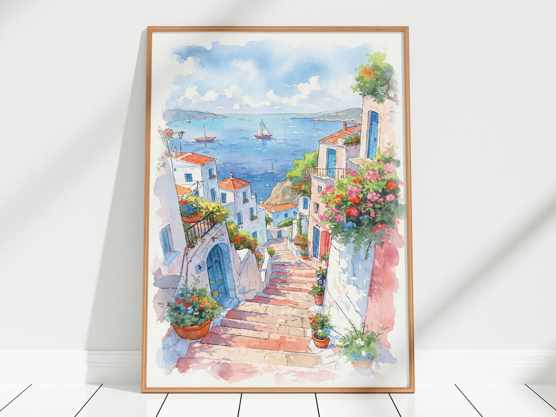 Italian Coastal Village Watercolor Art Print, Mediterranean Seaside Art ...