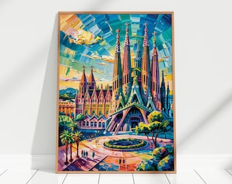 May include: A framed art print of the Sagrada Família in Barcelona, Spain. The colourful painting depicts the basilica's spires, facade, and surrounding buildings in a vibrant, impressionistic style. The artwork is set against a blue and yellow sky.