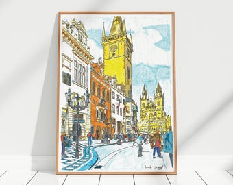 Prague Old Town Square Watercolor Painting Art Print Prague Wall Art Decor Czech Republic Cityscape Art Prague Travel Poster Gift