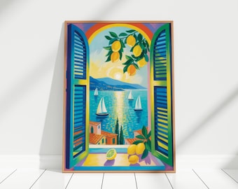 Open Window Henri Matisse Print, Henri Matisse Style Fauvism Painting, Amalfi Sunset Art, Mediterranean Sea, Lemon Tree, Italy Coast Print