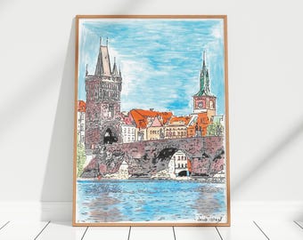 Prague, Charles Bridge Original Watercolor Painting Print – Charles Bridge Wall Art Decor, Prague Cityscape Art Travel Poster Gift