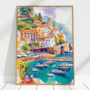 Amalfi Coast Watercolor Painting Art Print Poster – Amalfi Coast Watercolour Wall Art Décor, Italian Seaside Coastal Village Painting Poster