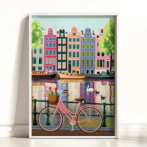 Amsterdam Canal Houses and Bicycle with Tulips Painting Art Print - Amsterdam Houses Wall Decor, Amsterdam Canal Painting Poster Print
