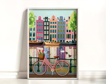 アムステルダムの運河沿いの家々とチューリップのある自転車の絵画アートプリント - アムステルダムの家の壁装飾、アムステルダムの運河沿いの絵画ポスタープリント