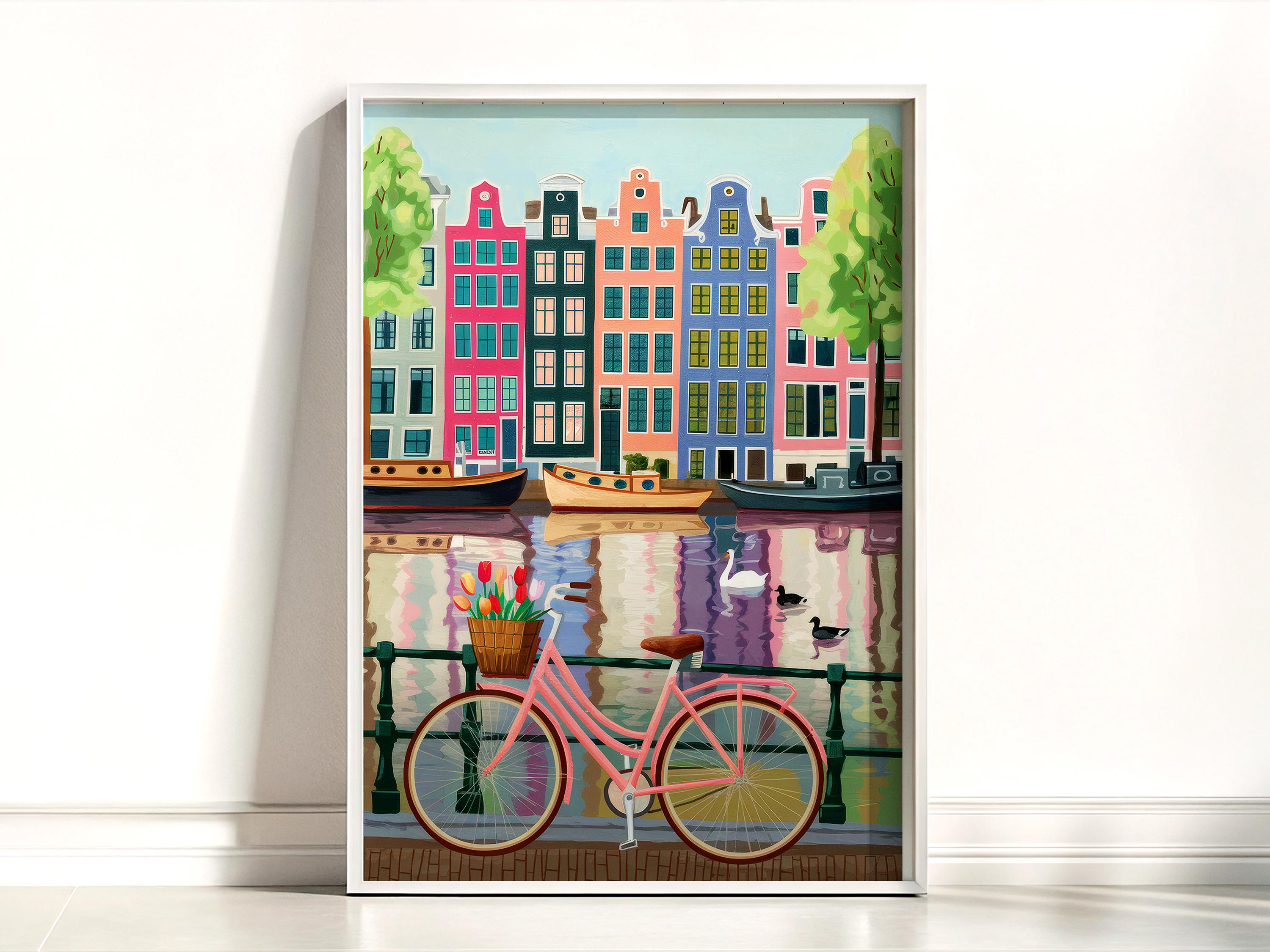 Amsterdam Canal Houses and Bicycle With Tulips Painting Art Print ...