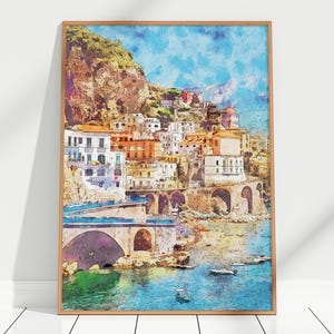 Amalfi Coast Watercolour Sketch Painting Art Print - Amalfi Coast Watercolor Sketch Art, Amalfi Coast Wall Art Decor, Amalfi Travel Poster