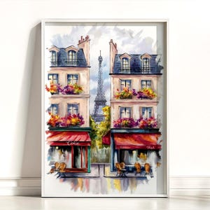 Paris Café Street Eiffel Tower Watercolor Painting Art Print - Paris Travel Wall Decor, Paris Cityscape Artwork, Paris Wall Art Poster Print