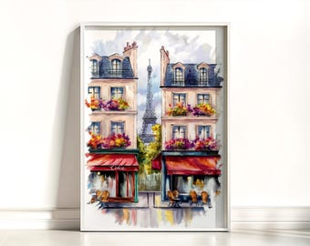 Paris Café Street Eiffel Tower Watercolor Painting Art Print - Paris Travel Wall Decor, Paris Cityscape Artwork, Paris Wall Art Poster Print