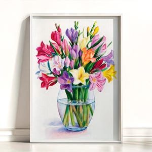 Colorful Freesia Flower Bouquet in Vase Watercolor Painting, Botanical Freesia Art Print, Freesia Floral Wall Decor, Freesia Flower Wall Art