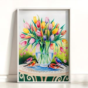 Tulips Bouquet in Cracked Vase with Colorful Finches Art Print – Spring Bird Floral Wall Art, Garden Birds Decor, Birds and Flowers Poster