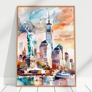 New York City at Sunset Watercolor Art Print Skyline Statue of Liberty Hudson River NYC Wall Art Decor USA Cityscape Travel Poster Gift