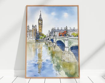 London Cityscape Watercolor Sketch Painting Big Ben Westminster Bridge Art Print England Cityscape Wall Art Decor Travel Poster Lovers Gift