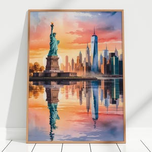 New York City Watercolour Art Print – Statue of Liberty Art, Hudson River & Skyline Watercolor Wall Art Decor, NYC Sunset Cityscape Poster