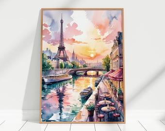 Paris Café Seine River Eiffel Tower at Sunset Watercolor Art Print Paris cafe Watercolor Painting France Wall Art Decor Paris Travel Poster
