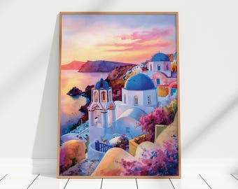 May include: A framed watercolor painting depicts a coastal village at sunset. White buildings with blue domes and accents are set against a vibrant sky of pinks and oranges. The artwork evokes a Mediterranean theme.