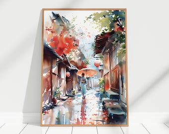 Kyoto Street at Sunset Watercolor Art Print, Japanese Geishas Wall Art Decor, Japan Painting, Traditional Kyoto Street Travel Poster Gift