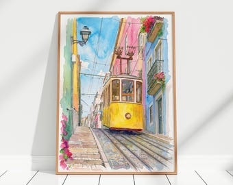 Lisbon Watercolor Art Print, Lisbon Watercolor Painting, Alfama Tram Wall Art Decor, Portugal Travel Poster Gift