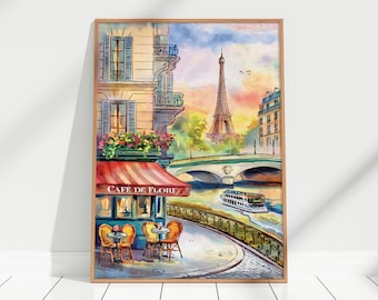 Paris Seine Riverside Café Watercolor Art Print - Paris Painting Poster Print, French Café Wall Decor, Paris Café Wall Art, Paris Poster