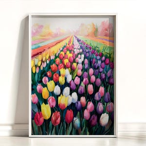 Impression d'art aquarelle champ de fleurs de tulipes colorées, peinture aquarelle tulipe, décoration murale florale champ de tulipes, impression d'art affiche champ de tulipes