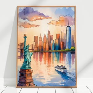 New York City at Sunset Watercolour Sketch Art Print – New York City Statue of Liberty Art, Hudson River Skyline Wall Art Decor, NYC Poster