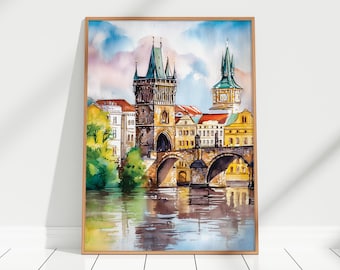 Prague Charles Bridge Watercolour Art Print - Charles Bridge Watercolor Wall Art Decor, Czech Republic Art, Prague Painting Poster
