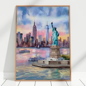 New York City Watercolour Art Print – Statue of Liberty Art, Hudson River & Skyline Watercolor Wall Art Decor, New York Sunset Poster Print