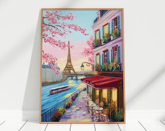 Charmantes Pariser Riverside Cafe Acrylmalerei Kunstdruck | Paris Gemälde Poster, Französische Wanddekoration, Paris Street Cafe Shop Wandkunst