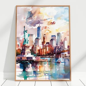 New York City at Sunset Watercolor Art Print Skyline Statue of Liberty Hudson River NYC Wall Art Decor USA Cityscape Travel Poster Gift