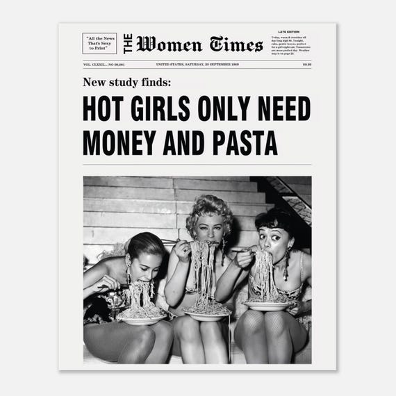 Hot Girls Only Need Money and Pasta Poster, Retro Newspaper Wall Art, Italian Kitchen Decor
