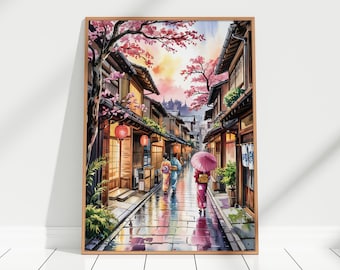 Kyoto Street at Sunset Watercolor Art Print, Japanese Geishas Wall Art Decor, Japan Painting, Traditional Kyoto Street Travel Poster Gift