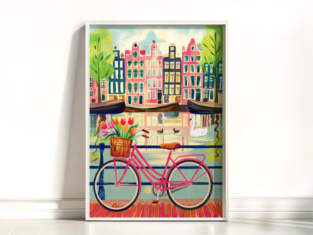 Amsterdam Canal Houses and Bicycle With Tulips Painting Art Print ...