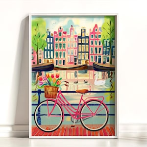 Amsterdam Canal Houses and Bicycle with Tulips Painting Art Print - Amsterdam Houses Wall Decor, Amsterdam Canal Painting Poster Print