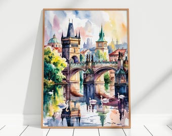 Prague Charles Bridge Watercolour Art Print - Charles Bridge Watercolor Wall Art Decor, Czech Republic Art, Prague Painting Poster