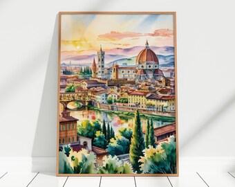 Florence Watercolor Art Print - Florence Skyline Painting, Italian Cityscape Wall Art, Italy Decor, Florence Sunset Poster, Italy Travel Art