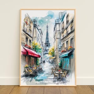 Parisian Café with Eiffel Tower Black Pen and Watercolor Painting Art Print - Paris Cafe wall decor, Paris Travel Poster, Paris Cafe Art