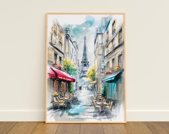 Parisian Café with Eiffel Tower Black Pen and Watercolor Painting Art Print - Paris Cafe wall decor, Paris Travel Poster, Paris Cafe Art