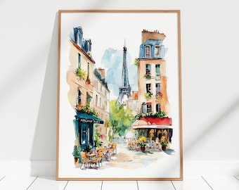 Pode incluir: Pintura em aquarela de uma cena de rua parisiense com a Torre Eiffel ao fundo. Edifícios com toldos azuis e floreiras ladeiam a rua. Mesas e cadeiras estão montadas em frente a um café. A obra de arte é emoldurada.
