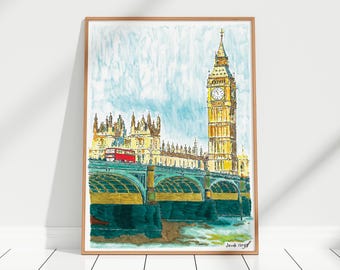 London Big Ben & Biegering Fine Art Druck von Original Aquarell | London Stadtbild Wandkunst | England Reise Dekor
