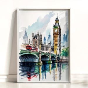 London Big Ben Westminster Bridge Watercolor and Ink Pen Painting Art Print - Big Ben Painting Print, Big Ben Wall Decor, Big Ben Poster