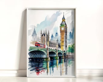 ロンドン ビッグベン ウェストミンスター橋 水彩スケッチ画 アートプリント - ビッグベン ウォールアート デコレーション、ロンドン旅行ポスター愛好家へのギフト