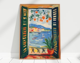 Offenes Fenster Henri Matisse Druck, Henri Matisse Stil Fauvismus Gemälde, moderner Ausstellungsdruck, Mittelmeer, Orangenbaum, Küstenblick