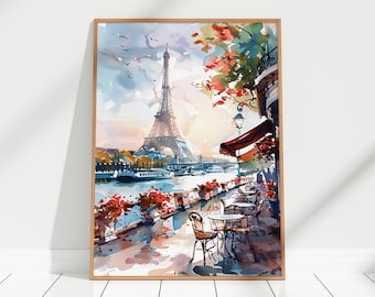 Paris Café Seine River Eiffel Tower at Sunset Watercolor Art Print Paris cafe Watercolor Painting France Wall Art Decor Paris Travel Poster