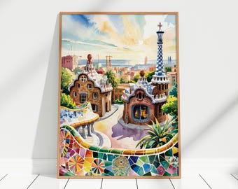 グエル公園 トレンカディスの水彩イラスト、グエル公園バルセロナの