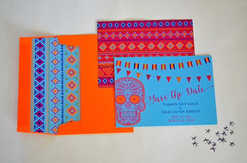 Sugar Skull Invitations Dia De Los Muertos Mexican Invitations Cinco de Mayo Day of the Dead Wedding Save the Dates Mexico Wedding