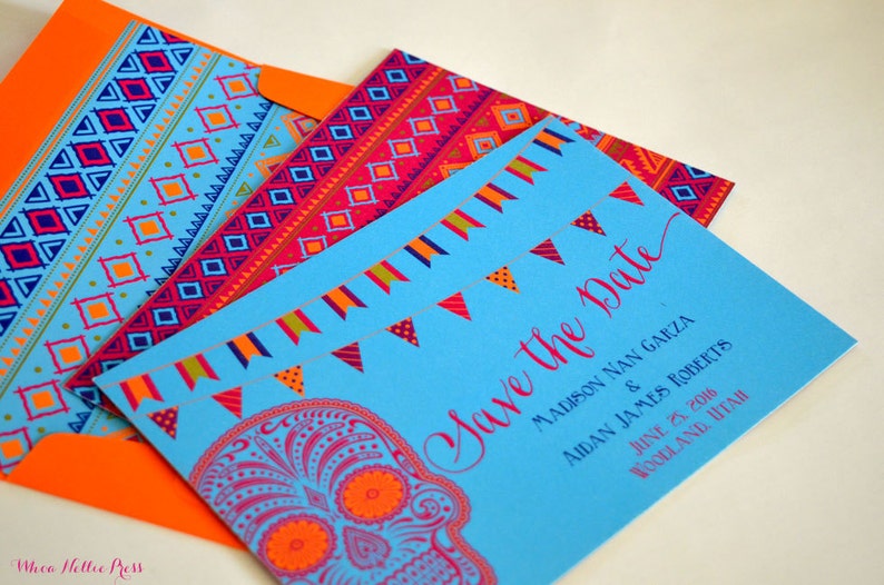 Sugar Skull Invitations Dia De Los Muertos Mexican Invitations Cinco de Mayo Day of the Dead Wedding Save the Dates Mexico Wedding